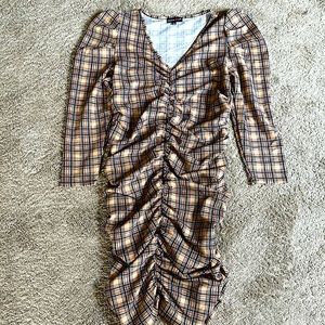 NWOT Rouched Plaid Fitted Dress